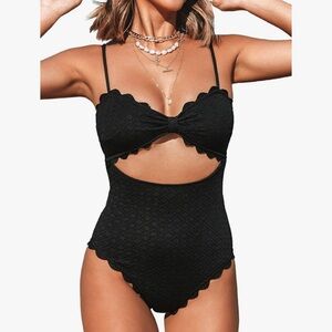 CUPSHE Women's One Piece Swimsuit Sexy Black Cutout Scallop Trim Bathing Suit